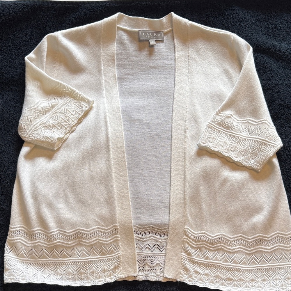 Laura Ashley White Open-Front Knit Cardigan with Lace Detail